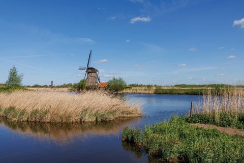 Windmill stands on the river bank, surrounded by reeds and grass under a clear blue sky, many