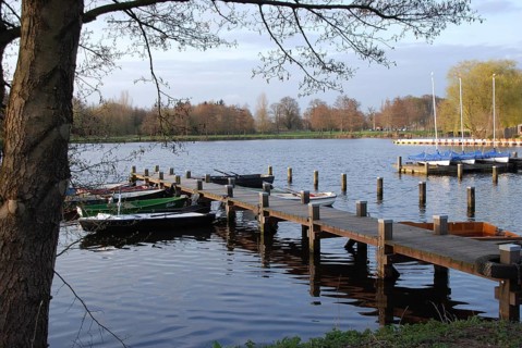 Various boats are moored at a wooden jetty on a spring lake, surrounded by trees and sky, rowing
