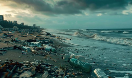 Beach littered with plastic bottles and garbage, ecological problems AI generated