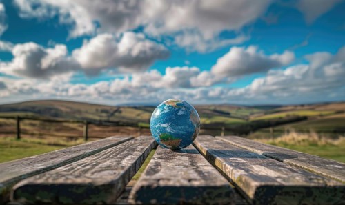An Earth globe placed on a wooden picnic table with a bright blue sky and fluffy white clouds AI