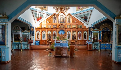 Interior with altar, Russian Orthodox Church Cathedral of the Holy Trinity, Karakol, Kyrgyzstan,