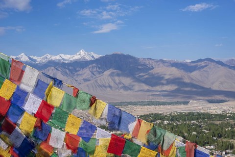 Panorama from Tsenmo hill over Leh and the Indus valley to Stok Kangri, 6153m, Ladakh, Jammu and