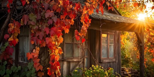 Close up of a rustic vineyard cottage nestled in a canopy of vines leaves showcasing autumns color