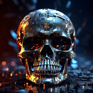 Broken skull with a cascade of binary digits forming a tidal wave stream, AI generated