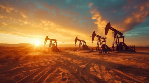 Large oil rig is in the desert. Concept of oil exploration, earth exploitation and corporate greed,