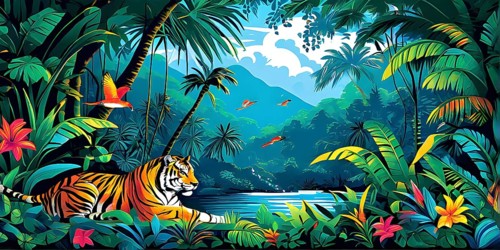 AI generated illustration of an enchanted fairy tale jungle inhabited by magical fantasy animals in
