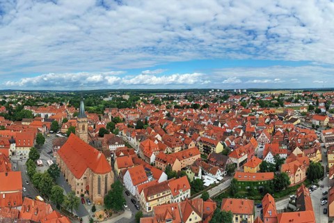 Aerial view of the historic old town of Schwabach with a view of the town church of St John and St
