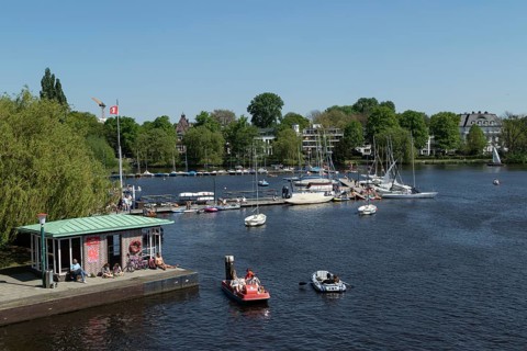 Symbolic picture weather, leisure activity, summery spring, Krugkoppelbruecke jetty, sailing boats,