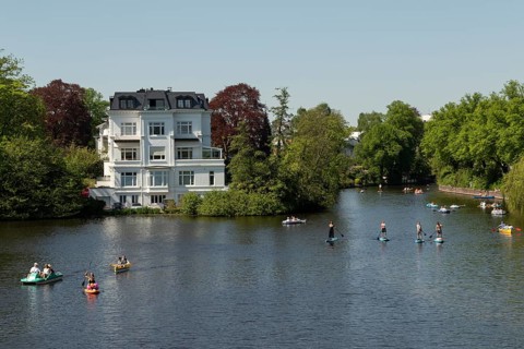 Symbolic picture weather, leisure activity, summery spring, villa at the Krugkoppelbruecke with