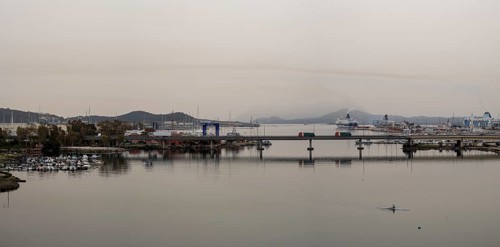Sahara dust, harbour of Olbia, panoramic view, Olbia, Sardinia, Italy, Europe