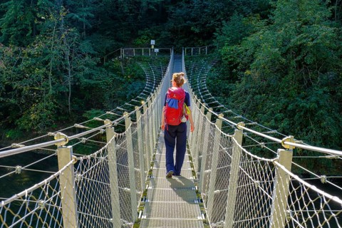 Hikers at the suspension bridge over the Danube, Inzigkofen Princely Park near Sigmaringen, Upper