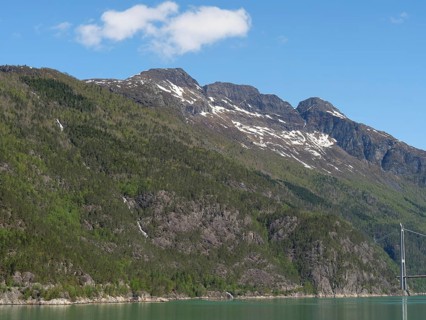Massive mountains with partly forested slopes under a clear blue sky, some snow-capped peaks and a