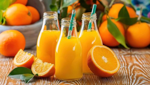 Three small bottles of orange juice with tubes, sliced oranges against a light background, AI