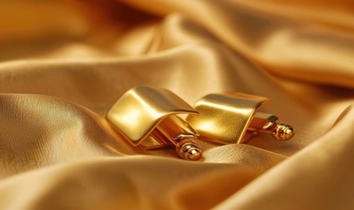 A pair of gold cufflinks arranged on a smooth satin material background AI generated