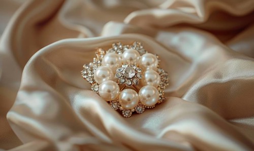 A pearl brooch adorned with sparkling crystals resting on a smooth satin material background AI