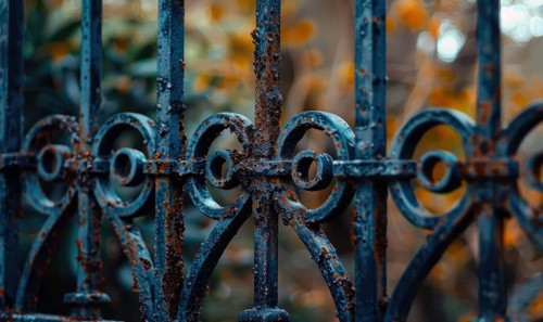 A rusted wrought iron gates in hues of deep charcoal and slate gray AI generated