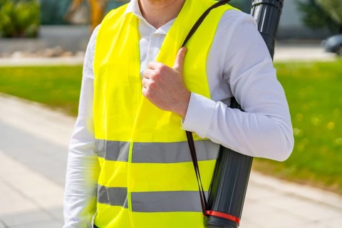 Close-up of an unrecognizable architect holding draw tube wearing reflective waistcoat