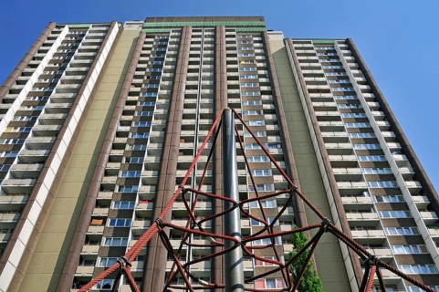 Residential tower block KoelnBerg, a social hotspot in the Meschenich district of Cologne, North