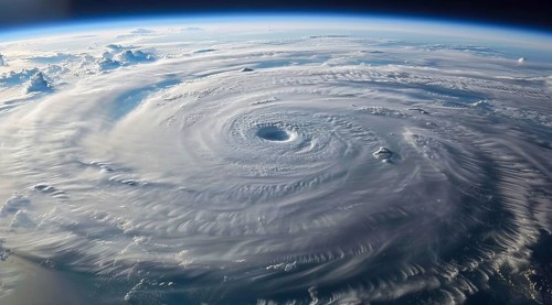 A hurricane is spinning in the ocean. Damage and devastations caused by hurricanes and climate