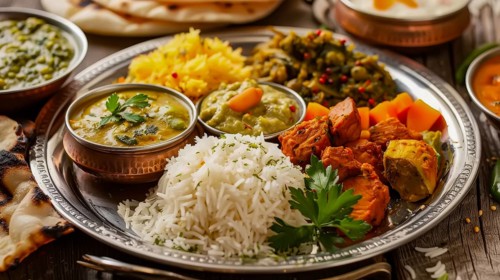 A traditional Indian meal served in copper bowls with various curries and rice, AI generated