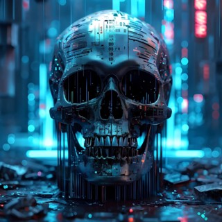 Broken skull with a cascade of binary digits forming a tidal wave stream, AI generated