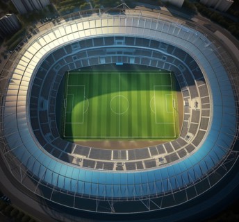 Aerial bird eye top view of a soccer football field stadium in night, AI generated