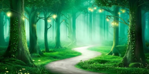 AI generated enchanted forest illustration intertwining trees aglow with magical light