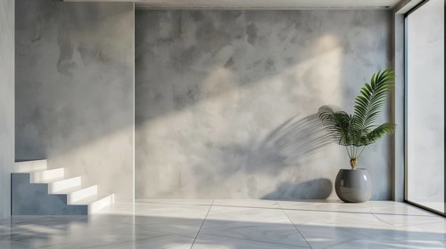 Modern space featuring a sleek staircase and a tasteful potted plant. AI generated