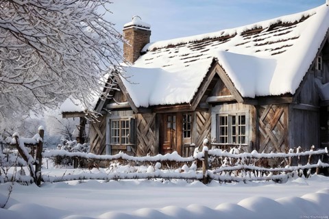 Rustic vineyard cottage in a winter vineyard landscape with snow, AI generated