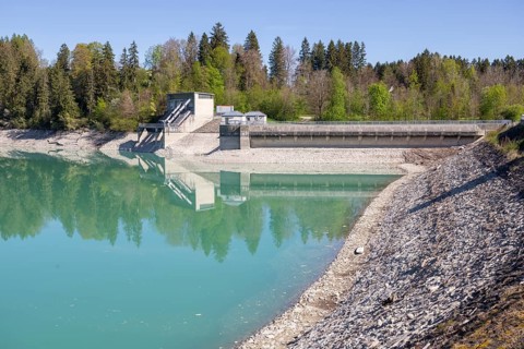 Lech barrage at Forggensee, Lech, power station, head reservoir, flood protection, flood