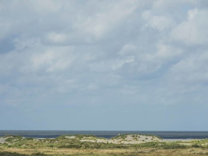 View of the calm sea behind the dunes under a cloudy sky, lonely beach with dune grass in the