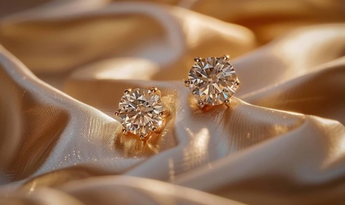 Pair of intricately crafted diamond stud earrings placed on a smooth satin material background AI