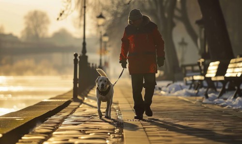 A guide dog leading its owner along a suburban sidewalk AI generated