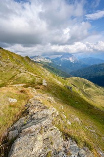 View of mountain peaks from the Obstanserseehuette, Carnic Main Ridge, Carnic High Trail, Carnic