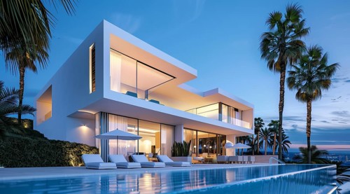 Exterior of private house luxury villa. Modern architecture real estate with swimming pool, AI