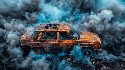 Burned-out car in smoldering remains amidst eerie blue smoke, AI generated