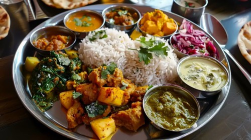 A complete Indian meal with rice, spinach curry, paneer, and sides on a round metal platter, AI