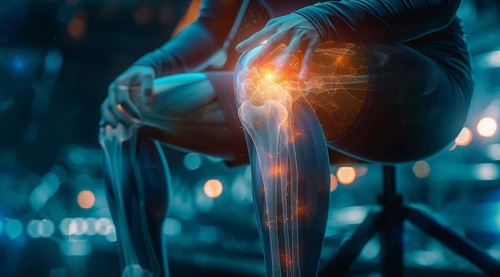 Illustration of knee pain. Concept of arthritis and sports trauma injury, AI generated