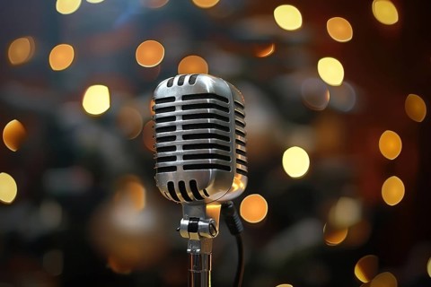 Microphone on a microphone stand with a blurry coloful background, AI generated