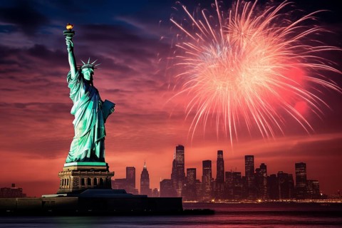 4th of July Independence day concept background, a Statue of Liberty withfireworks. Concept of