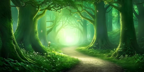 AI generated enchanted forest illustration intertwining trees aglow with magical light