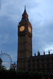 Big Ben, Bridge Street, in the dusk at the back left the Ferris wheel on the Thames, London,