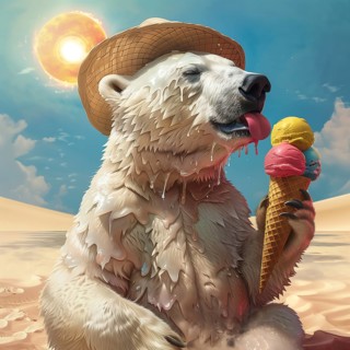 A melting polar bear eats an ice cream in the hot desert, wears a straw hat under a bright sun,