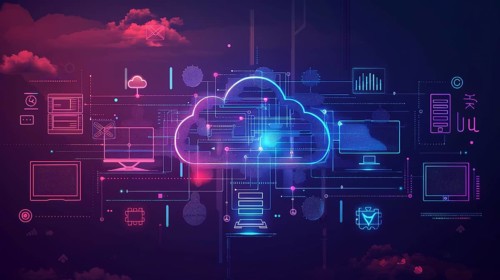Futuristic digital illustration with neon colors representing cloud computing technology and data