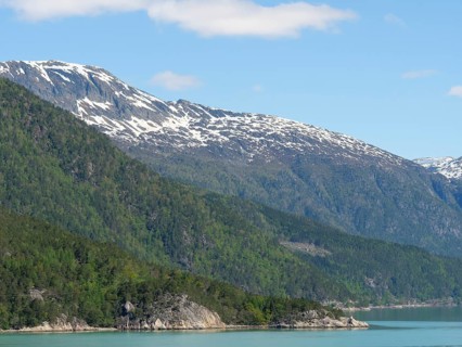 Snowy mountains and green forests next to a calm lake under a blue sky, greenish shimmering water