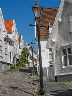 White wooden houses along a cobblestone street, streetlamp under a blue sky, historic architecture