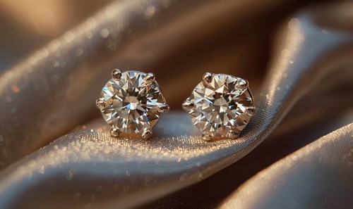 A pair of sparkling diamond earrings arranged on a sleek satin material background AI generated
