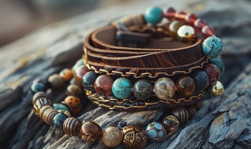 A leather wrap bracelet adorned with natural gemstones and antique beads AI generated