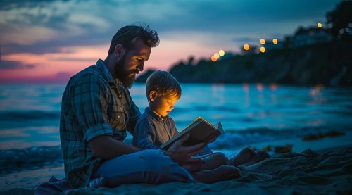 A father and a boy are sitting on the beach reading a book, tales or a Bible, AI generated