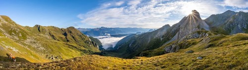 Panorama, mountain valley and mountain panorama in the morning light, view into Winkler Tal with